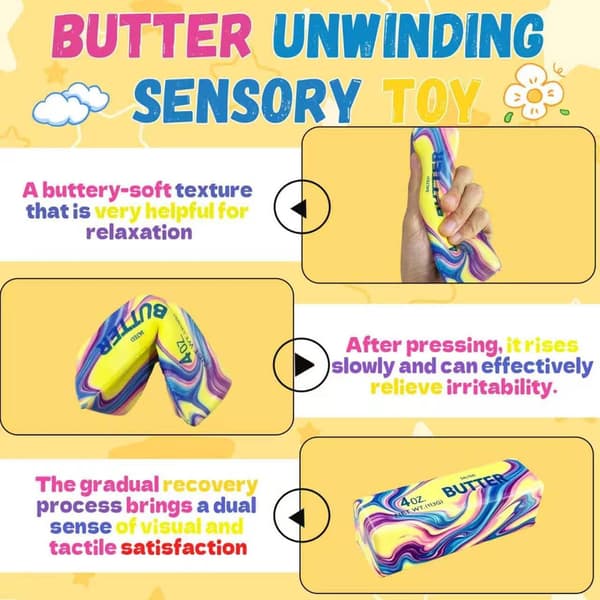 Smørpind Squishy-legetøj, langsom genopretning blød klembar stressbold, madformet sensorisk fidget-legetøj til voksne og børn A