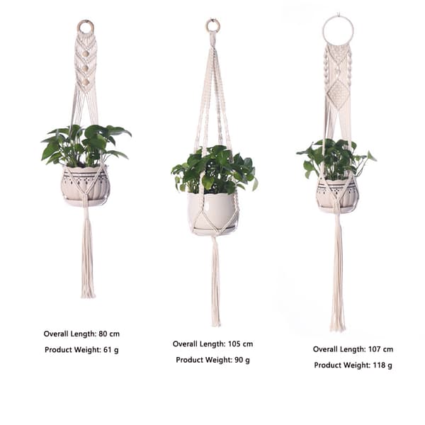 3-pack Makramé Blomkrukshållare, Boho Växthängare i Bomullsrep med Träpärlor, Längd 80/105/107 cm