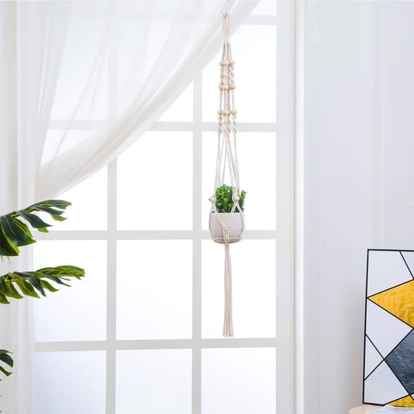 4-pack Makramé Blomkrukshållare, Boho Växthängare i Bomullsrep med Träpärlor, Längd 88/112/123/147 cm