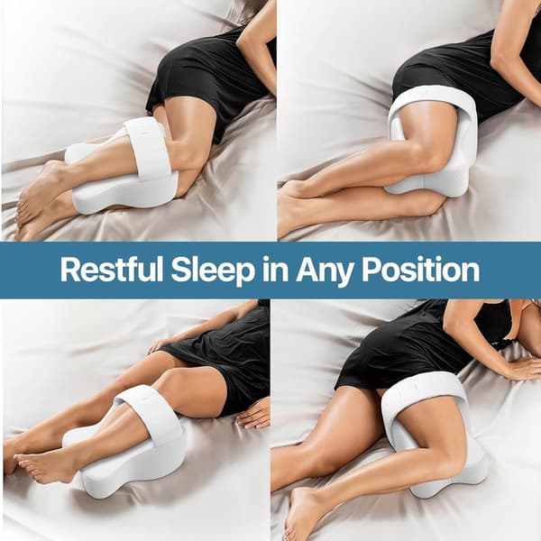 Memory Foam Knee Pillow Side Sleeper with Strap - Ergonomic Positioning, Relieves Sciatica, Hip Pain and Back Discomfort, Comfortable Day & Night white