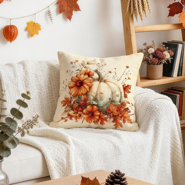 4 stk. pudebetræk 45 × 45 cm med græskardesign, efterårs- og Thanksgiving-dekoration til sofa, stue, soveværelse og hjem E