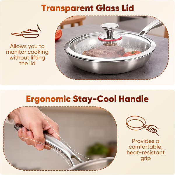 Titanium Hammered Frying Pan with Lid, Non-Stick, Even Heating, Multiple Sizes, For Induction, Gas, Electric and Ceramic Hobs 26cm