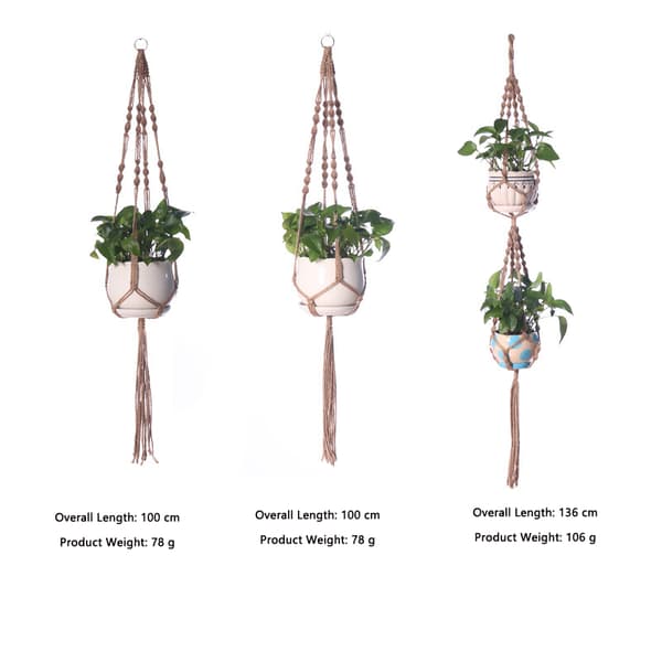 3-pack Makramé Blomkrukshållare, Boho Växthängare i Bomullsrep med Träpärlor för Balkong, Vägg och Tak