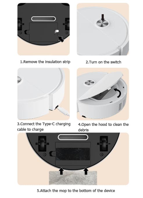 Rechargeable Mini Robot Vacuum Cleaner with Mop, Compact Floor Cleaning Machine Black