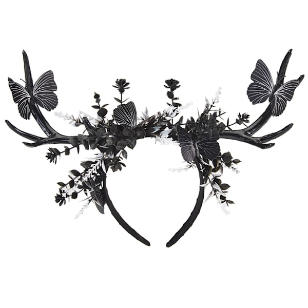 Håndlaget Svart Hjortehorn Hårbøyle Gotisk Reinsdyrhorn Alvekron Dark Forest Sommerfugl Hodeplagg for Kvinner Jenter R{DH}