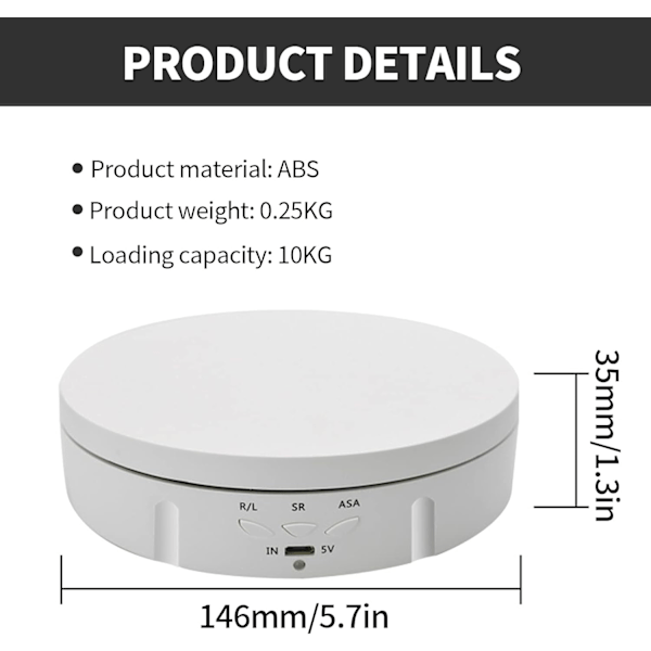 Elektrisk roterende drejeskive, 146 mm intelligent elektrisk roterende displaybord med 3 justerbare hastigheder og vinkel, brugt (hvid)