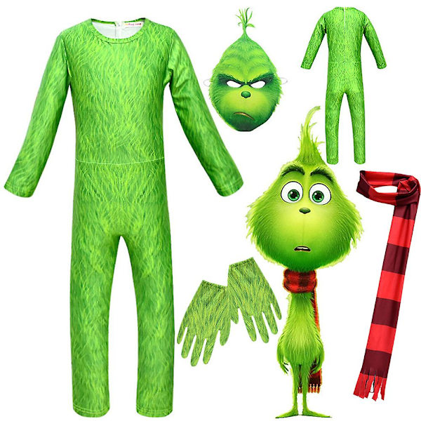 Grinch Cosplay Kostume Børn Jule Halloween Fest Grøn Monster Jumpsuit Maske Halsklæde Handsker Outfit Jule Fancy Dress Up Sæt 5-7 Years
