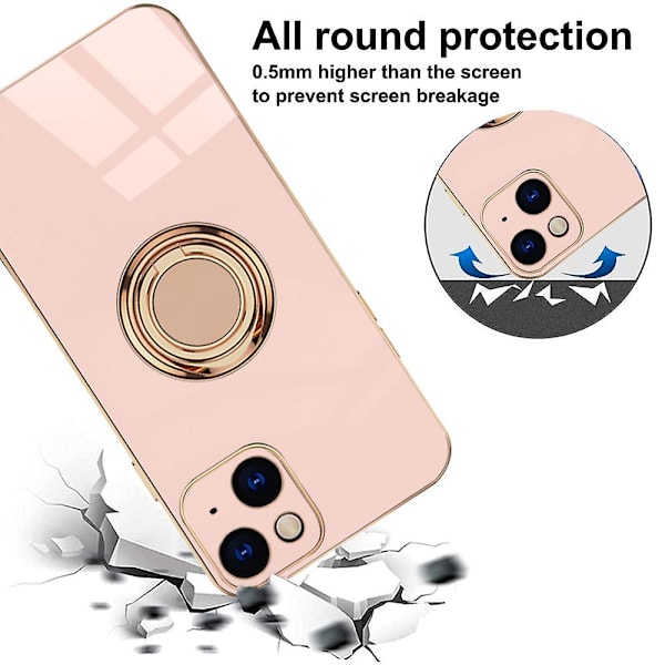 Iphone 14 Plus -näytönsuojakalvolla, pinnoitettu sisäänrakennetulla 360 asteen kiertävällä magneettirenkaalla, jalustan pidike, 2 kpl pink
