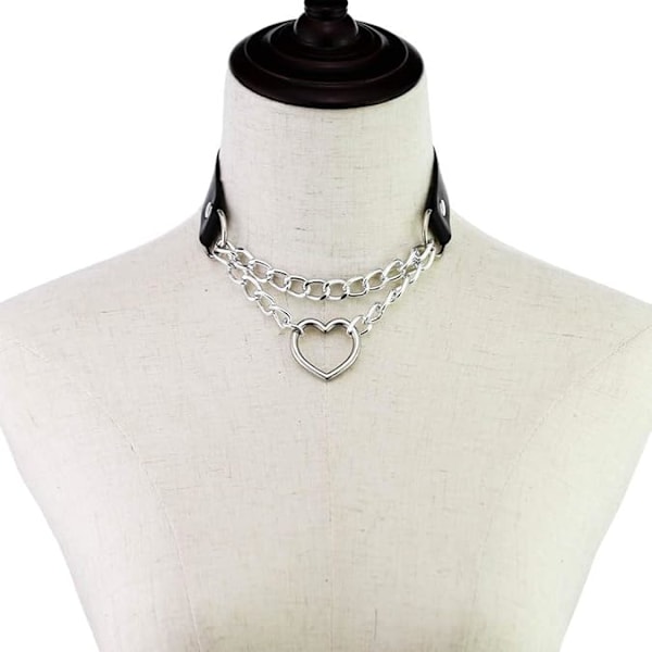 PU Konstläder Gotisk Punk Svart Silver Hjärta Ring Justerbart Halsband