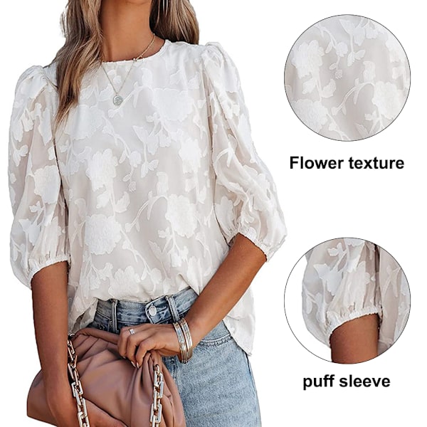 Bubble Leeve Chiffon Loose Top Shirt Med Blomsterstruktur (Hvid) S