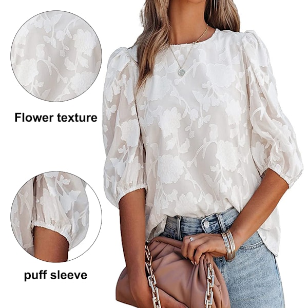 Bubble Sleeve Chiffon Loose Top Floral Textured Shirt（Hvid） L