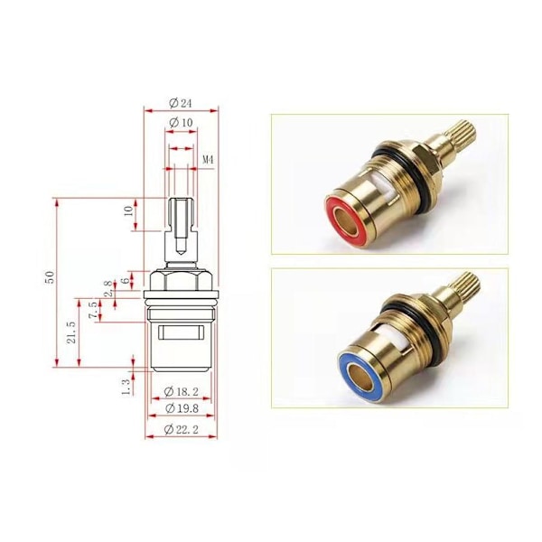 Botao 2-pakning vandhaneindsatser 1/2 tommer 20 tænder universel udskiftningshaneventil messing keramisk indsats badeværelseshaneventil 2 stk. (rød/blå)