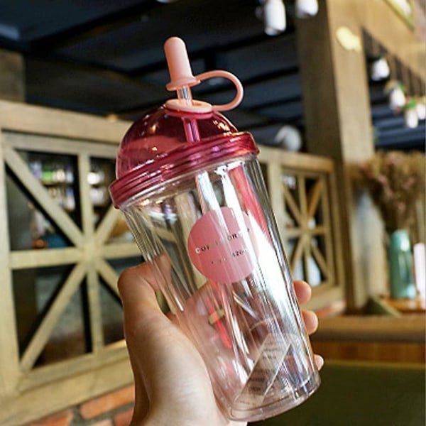 Dubbelväggig plastmugg med sugrör, återanvändbar sugrörskopp för juice,  kaffe, iskaffe, 320 ml (rosa) 3aa8 | Fyndiq