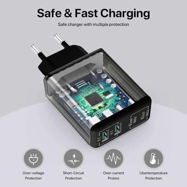 USB C-laddare, 40 W USB multi-snabbladdare, flera USB-uttag USB-laddningskontakt-adapter, USB-laddare