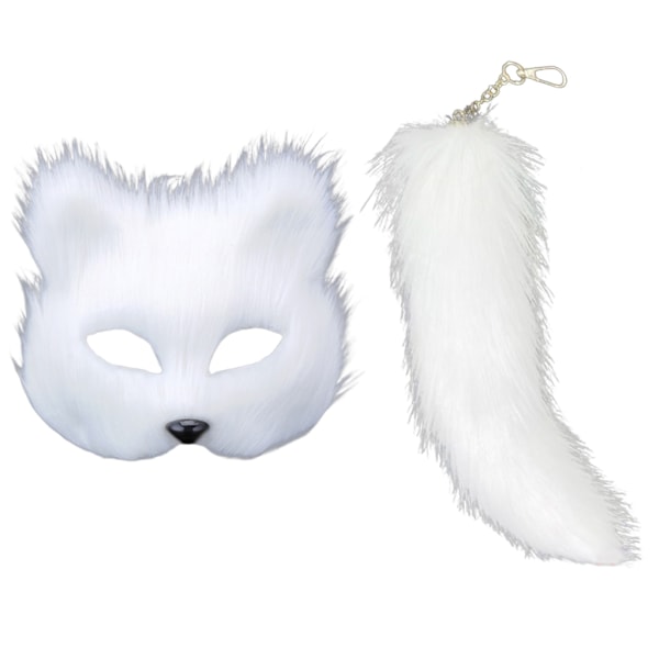 Faux Fur Fox Tail Cats Mask Therian Mask and Tail Halloween Cosplays Fest White