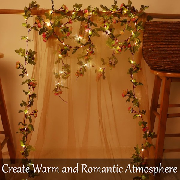 2M 20 LED Kunstig Blomsterguirlande Lys Batteridrevet Rose Vinstok Fe Lys til Have Dekoration
