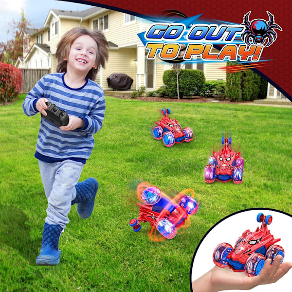Spiderman fjernstyret bil RC biler legetøj, genopladelig stunt RC bil med 360 flips 4WD hjullys