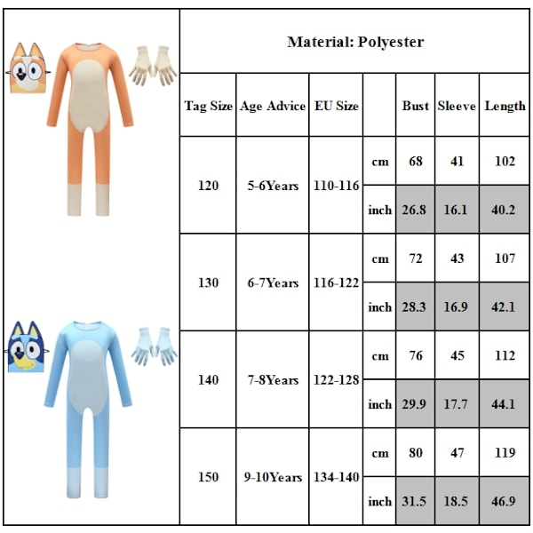 Halloween-asu lapselle, Bluey-koiran ystävät, Cosplay-asu, naamiaisasu, joulujuhlat, haalari, oranssi Orange 120cm