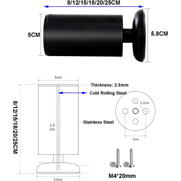 4X Møbelben i stål, Svart, 80 mm bordben i rustfritt stål Kontorsofa Ben Møbelben