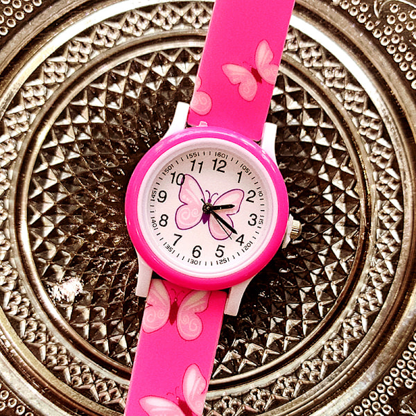 Armbandsur med silikonarmband för flickor, söt tecknad kvartsklocka rose Red