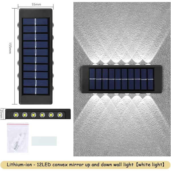 Solcellsvägglampor för Trädgård, Vitt Ljus 12 LED Vägglampa Upp och Ner Dekorativ Väggbelysning Vattentät, för Uteplats Trappor