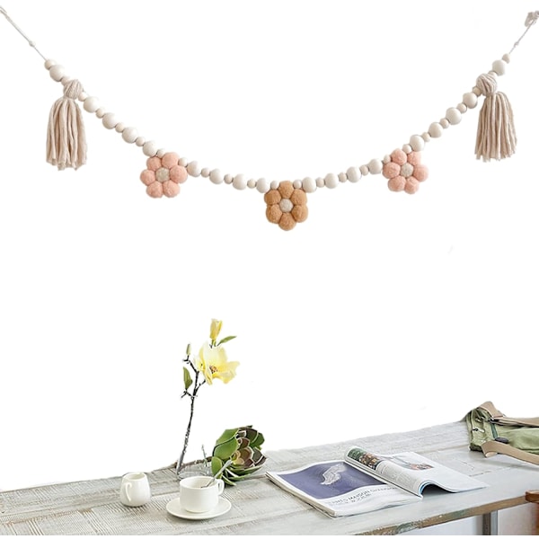 Boheemi Tassel-koriste puuhelmillä, Daisy-puutassel-koriste, Pastellinen Tassel-koriste maalaistalon seinälle, luokkahuoneeseen