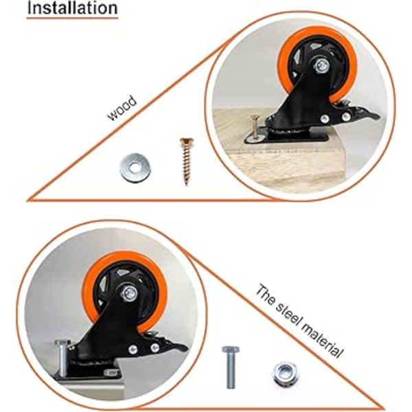Hjul, tunge hjul, 100 mm svingbare hjul med bremset topplate - Hjulsett 1, hjul og hjul for møbler, ikke-merkende Oran