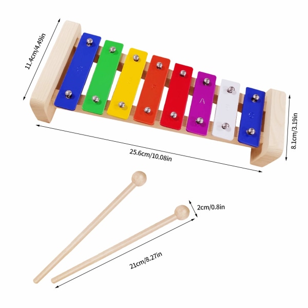 Xylofon til børn, 8-tonet diatonisk skala med 2 sikkerhedsslagere, farverige metalstifter, pædagogisk udviklingsmusik, ferie-/fødselsdagsgave