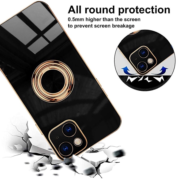 Iphone 14 Plus -näytönsuojakalvolla, pinnoitettu sisäänrakennetulla 360 asteen kiertävällä magneettirenkaalla, jalustan pidike, 2 kpl Black