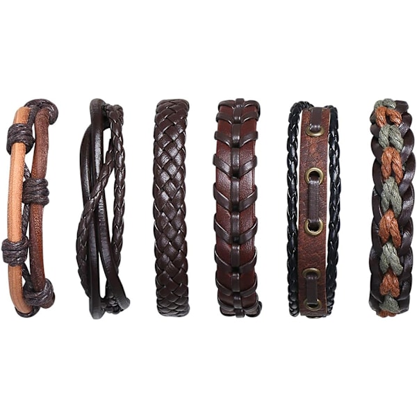 Læderarmbånd, 6 stk. Justerbart mode Punk stil Flettet Herre Dame Reb Armbånd Vintage Manchet Armbånd Sæt