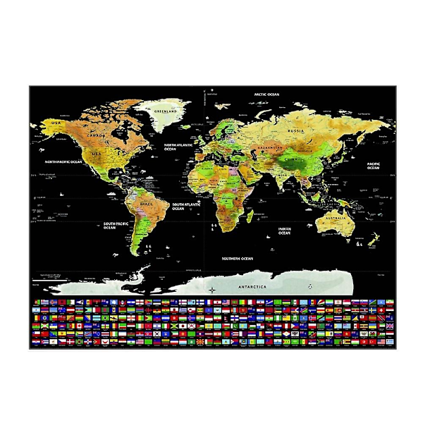Scratch World Map Sort baggrund og kobberfolieomslag med nationalflag - L/med Cyli