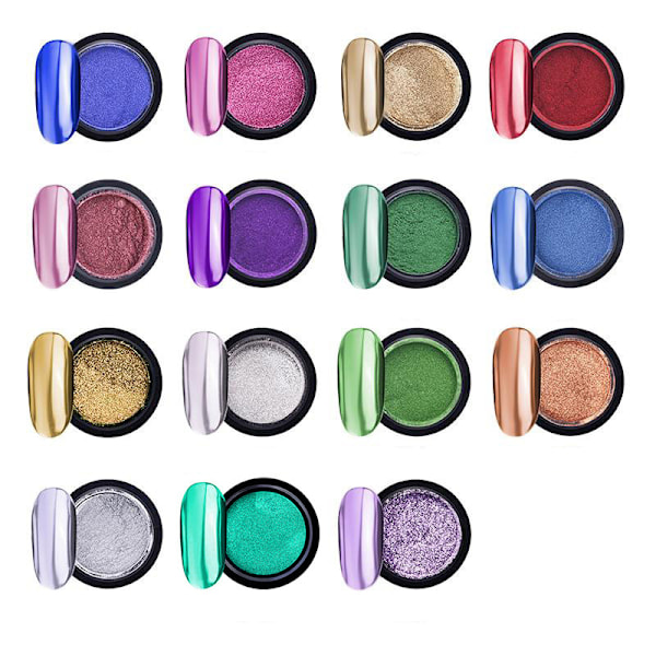 15 Burkar Krompläterad Nagelpuder Metall Spegeleffekt Holografisk Aurora Kameleont Pigment 1g/burk Nagelgellack Sjöjungfru Enhörning Doppningspuder