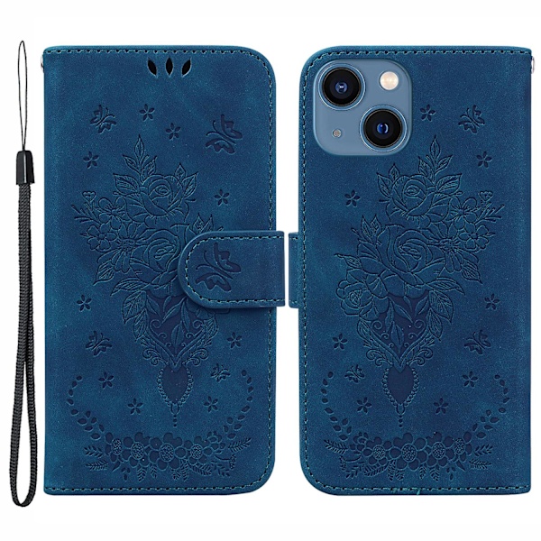 Rose Butterfly-trykt etui for iPhone 15, stativ-lommebokdeksel Blue