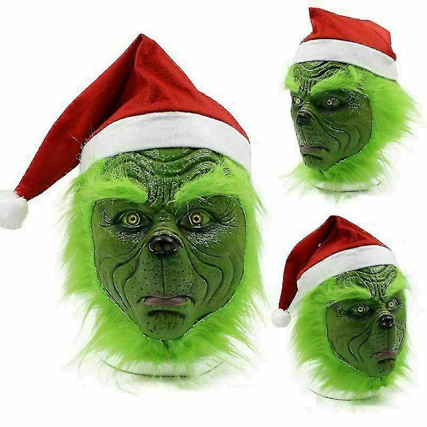 Julegrinch Full Hode Latex Maske Julehatt Monster Voksen Hånd The Grinch Christmas Mask D