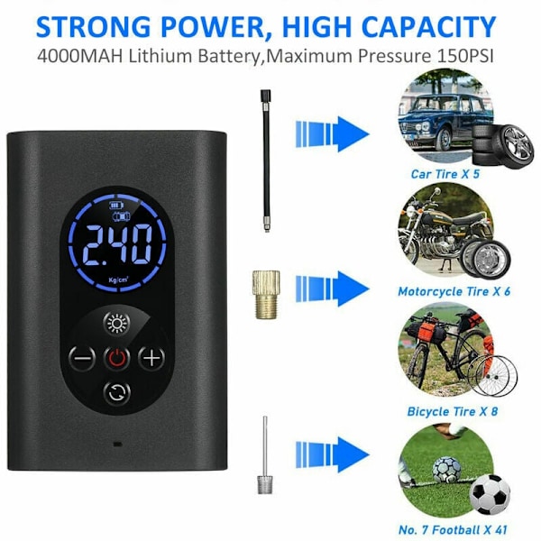Bärbar Luftkompressor för Däckpump 150PSI Elektrisk Luftpump med Tryckmätare LED-Lampa 4000mAh USB Uppladdningsbar