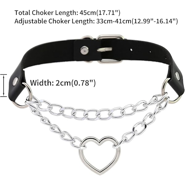 PU Konstläder Gotisk Punk Svart Silver Hjärta Ring Justerbart Halsband