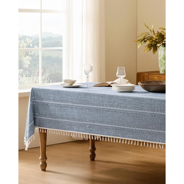 Bordsduk 140x200 cm Blå, Randig Jacquardutskärning, Skrynkelfri Tvättbar Rektangulär Bordsduk 140*200cm