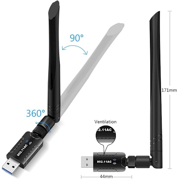WiFi-adapter för PC, 1200 Mbps USB 3.0 trådlöst nätverks-WiFi