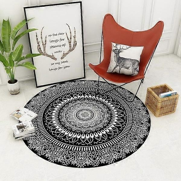Rundt Teppe 100cm Svart Mandala Mykt Baderomsteppe Sklisikkert Vaskbart Aksentteppe Fluffy Gulvmatte for Inngang