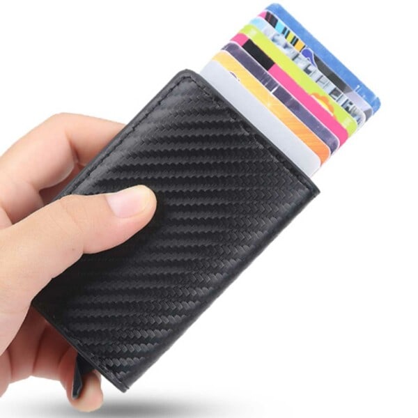 Hiilikuitu Pop-up Korttikotelo RFID-suojauksella PU Musta musta black