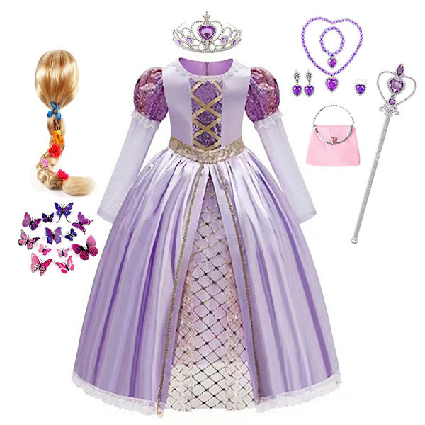 Halloween Långt Hår Prinsessa Julklänning Flickor Långärmad Klänning Cosplay Kostym Rollspel Klänning Halsband Set om 4 necklace set of 4 100cm