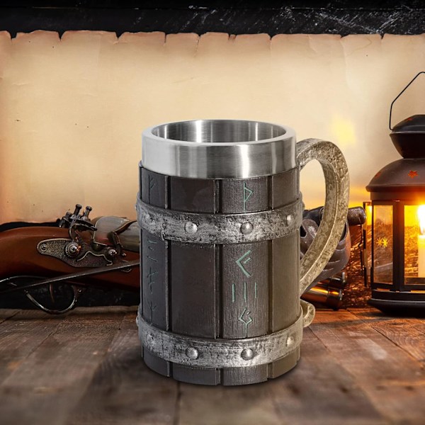 Nordiske Viking Rune Ølkrus - Stort Eikekrus - Med 3D Resin - For Menn, Farsdagsgave 550ml{DH}