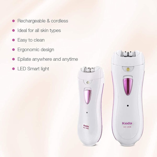 Epilator for kvinner, for ansikt, armhule, bikini og ben, med LED-lys