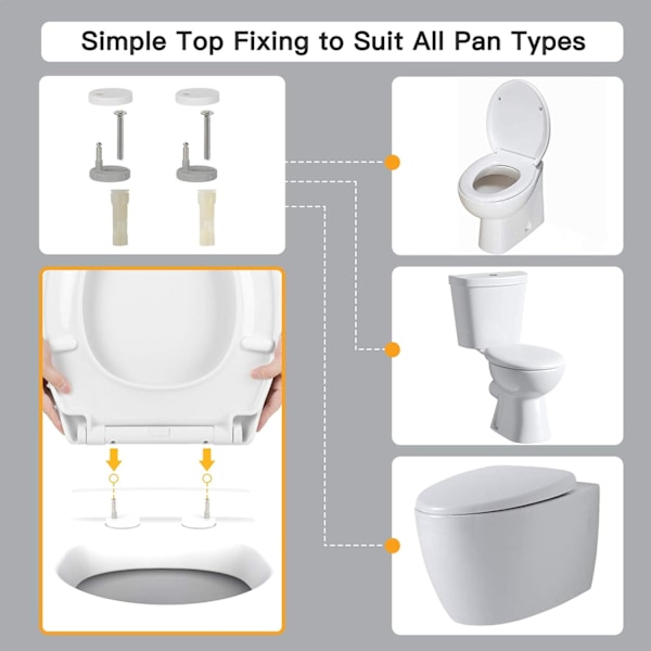 Toiletbræt med soft-close, Toiletbræt med hurtig tilslutning for nem topmontering O-form