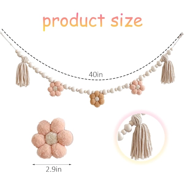 Boheemi Tassel-koriste puuhelmillä, Daisy-puutassel-koriste, Pastellinen Tassel-koriste maalaistalon seinälle, luokkahuoneeseen