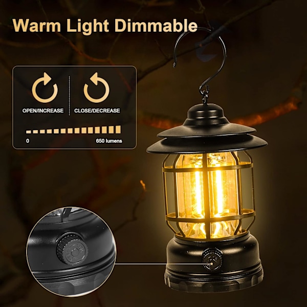 LED campinglampe USB genopladelig vintage dæmpbar varmt hvidt lys