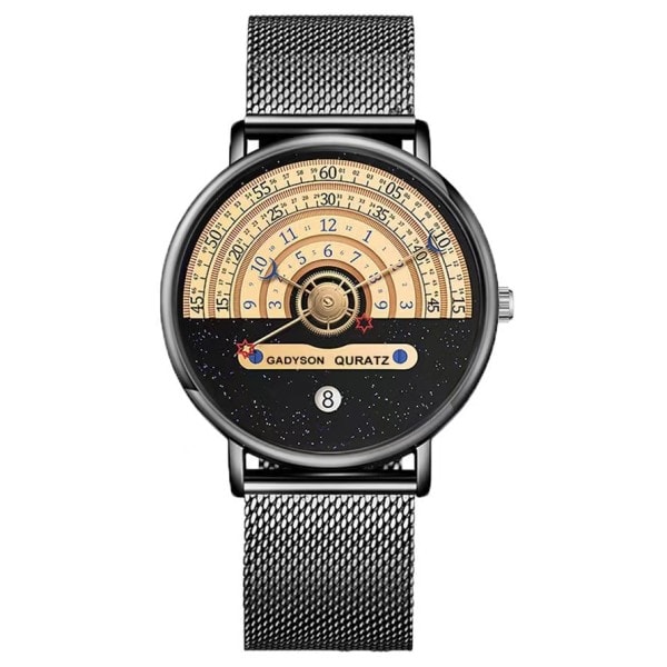 Stjerne og Måne Konsept Svart Hvit Klokke Kalender Halvt Ruletthjul Tidsvisning Mote Herre Quartz Armbåndsur