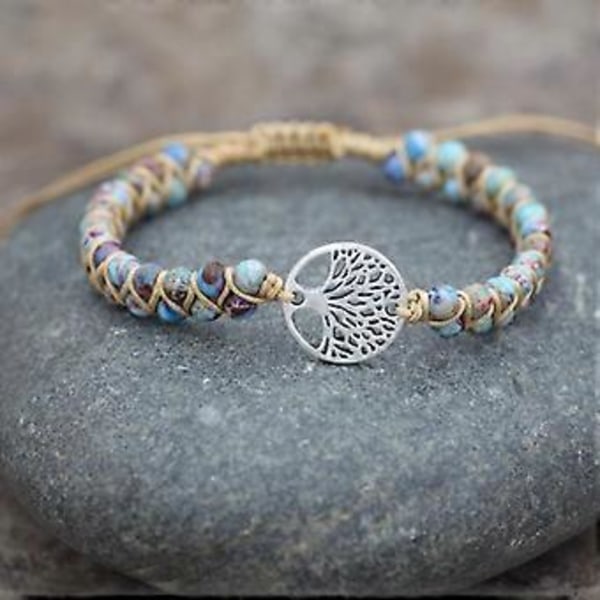 Helbredende Krystallarmbånd for Kvinner Naturlige Edelstener Yoga Reiki Chakra Perler Angst Livets Tre Lykkebringende Flettet Armbånd Justerbare Smykker