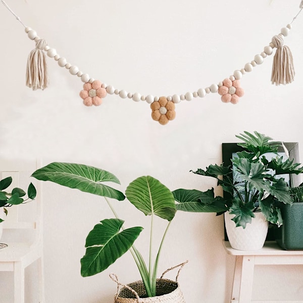 Boheemi Tassel-koriste puuhelmillä, Daisy-puutassel-koriste, Pastellinen Tassel-koriste maalaistalon seinälle, luokkahuoneeseen