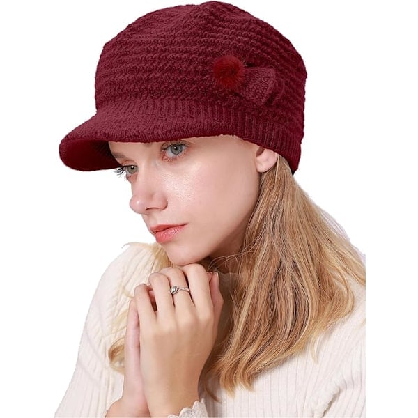 Vintermössa för kvinnor, fleecefodrad, blommig stickad mössa, damberet med brätte, cloche-mössa, termomössa, damullmössor, röd
